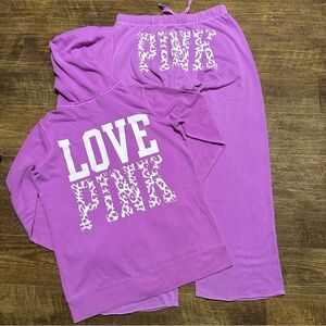 VS PINK RARE Y2K VINTAGE NEON PURPLE LEOPARD LOGO BOYFRIEND HOODIE & PANTS SET